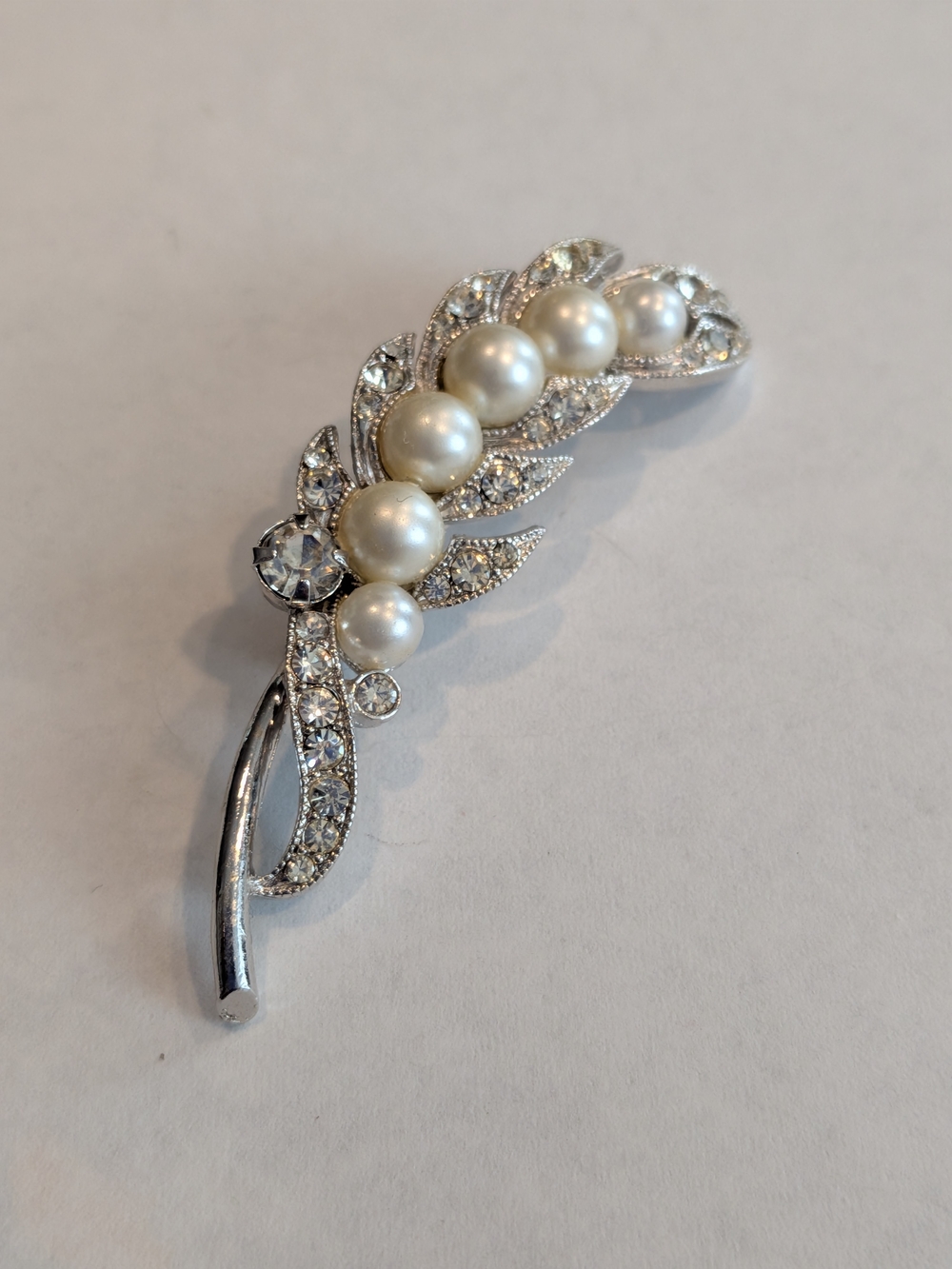 Pearl and Crystal Leaf Brooch - Silver Tone